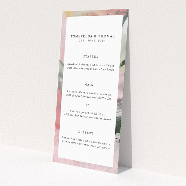 Artistic Academy Brushwork Wedding Menu Design with Soft Pastel Brushstrokes and Sleek Black Borders. This is a view of the back