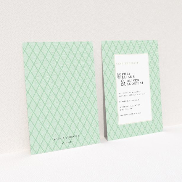 Art Deco Triangles Save the Date Card - Elegant geometric pattern in mint green on white background. This is a view of the back