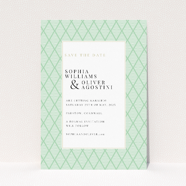 Art Deco Triangles Save the Date Card - Elegant geometric pattern in mint green on white background. This is a view of the front