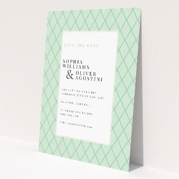 Art Deco Triangles Save the Date Card - Elegant geometric pattern in mint green on white background. This is a view of the front