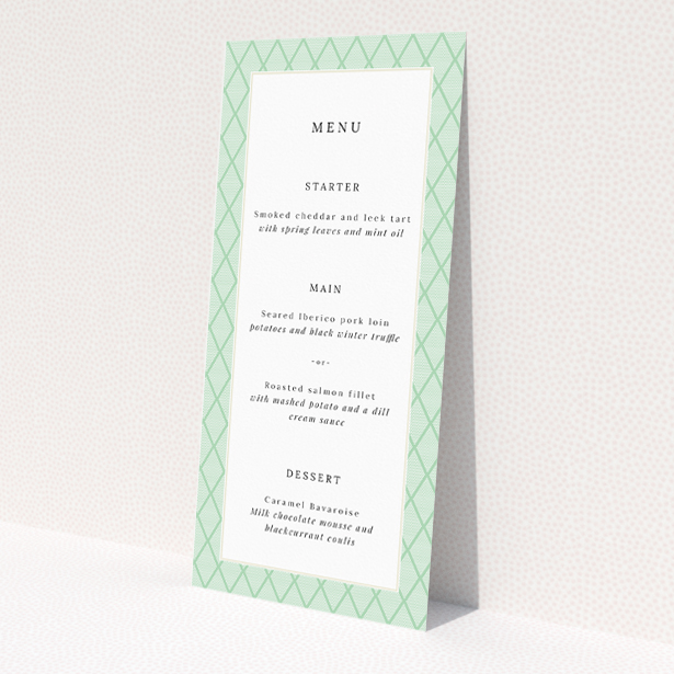 Utterly Printable Art Deco Triangles wedding menu design with geometric patterns and sophisticated colour palette, perfect for stylish and memorable wedding celebrations This is a view of the front