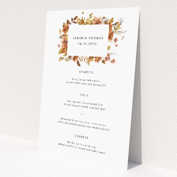 Utterly Printable Autumn Harvest Wedding Menu - Elegant wedding menu design inspired by the richness of autumn with warm hues and intricate illustrations of seasonal flora and fauna. This is a view of the front