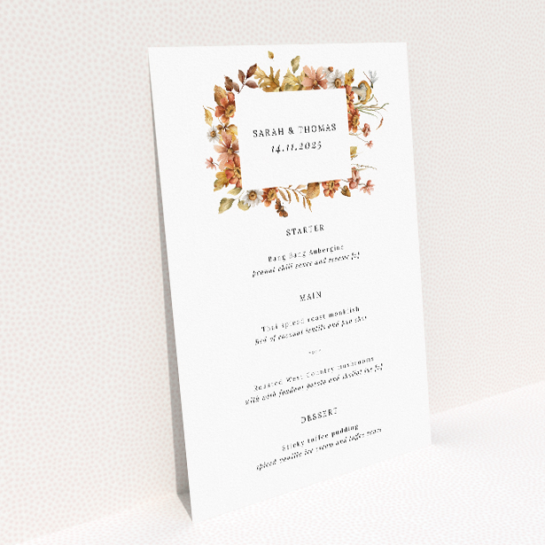 Utterly Printable Autumn Harvest Wedding Menu - Elegant wedding menu design inspired by the richness of autumn with warm hues and intricate illustrations of seasonal flora and fauna. This image shows the front and back sides together