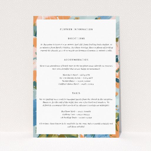 Wedding information insert card with vibrant floral motif in blues, oranges, and greens, part of the "Autumnal Floral Frame" suite, embodying the spirit of autumn for a stylish seasonal celebration This is a view of the front