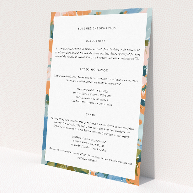 Wedding information insert card with vibrant floral motif in blues, oranges, and greens, part of the "Autumnal Floral Frame" suite, embodying the spirit of autumn for a stylish seasonal celebration This image shows the front and back sides together
