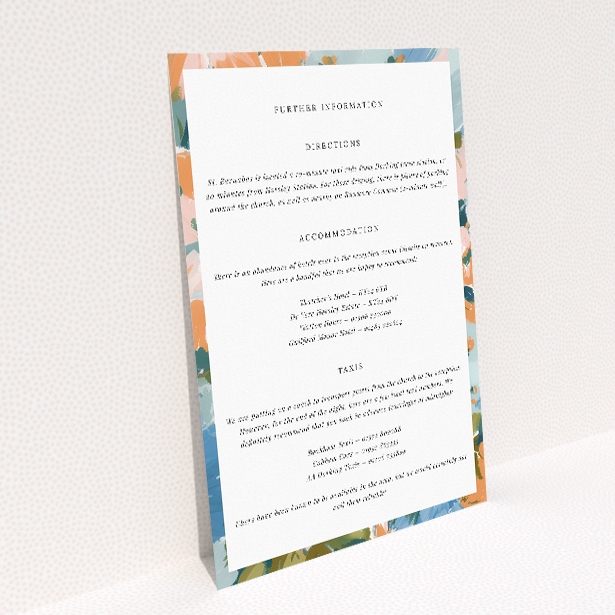 Wedding information insert card with vibrant floral motif in blues, oranges, and greens, part of the "Autumnal Floral Frame" suite, embodying the spirit of autumn for a stylish seasonal celebration This image shows the front and back sides together