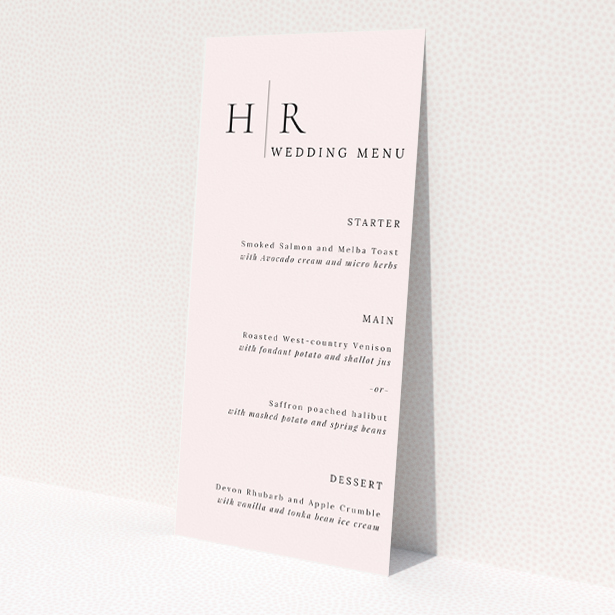 Elegant Belgravia Monogram Wedding Menu Design with Bespoke Monograms and Classic Layouts on Pale Backgrounds. This is a view of the front