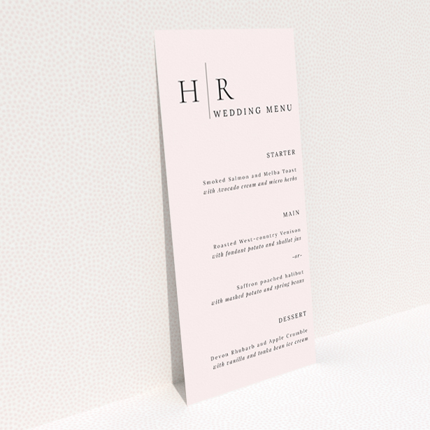 Elegant Belgravia Monogram Wedding Menu Design with Bespoke Monograms and Classic Layouts on Pale Backgrounds. This is a view of the back