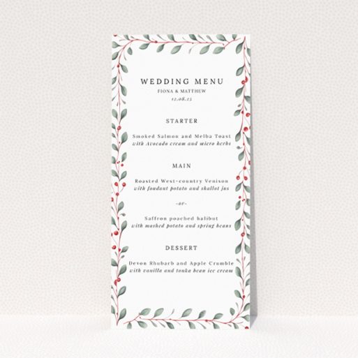 "Berry Garland Row wedding menu template with red berries and soft green leaves, perfect for a rustic countryside-themed celebration.". This is a view of the front