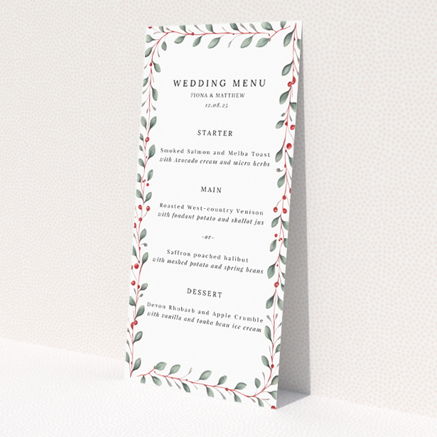 'Berry Garland Row wedding menu template with red berries and soft green leaves, perfect for a rustic countryside-themed celebration.'. This is a view of the front