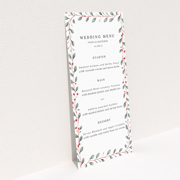 "Berry Garland Row wedding menu template with red berries and soft green leaves, perfect for a rustic countryside-themed celebration.". This is a view of the back