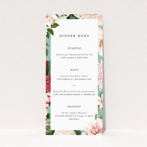 Utterly Printable Blue Blossom Wedding Menu - Elegant botanical wedding menu design with intricate floral illustrations on a serene blue backdrop, featuring clean white central area for event details This is a view of the front
