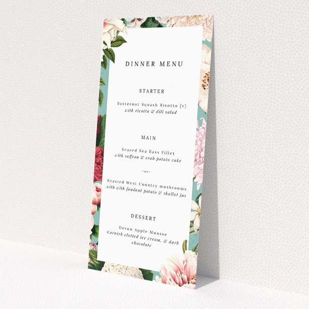 Utterly Printable Blue Blossom Wedding Menu - Elegant botanical wedding menu design with intricate floral illustrations on a serene blue backdrop, featuring clean white central area for event details This is a view of the front