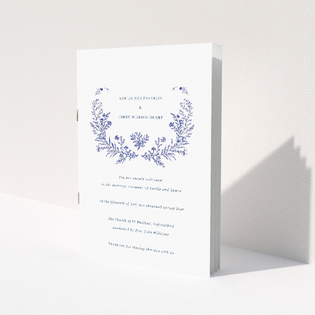 Utterly Printable Blue Floral Elegance Wedding Order of Service Booklet Template. This is a view of the front
