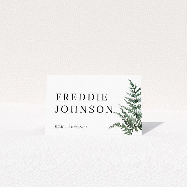 "Botanical Greens place cards - serene wedding stationery with watercolour greenery and classic typefaces". This is a view of the front