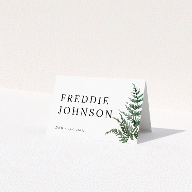 'Botanical Greens place cards - serene wedding stationery with watercolour greenery and classic typefaces'. This is a view of the front