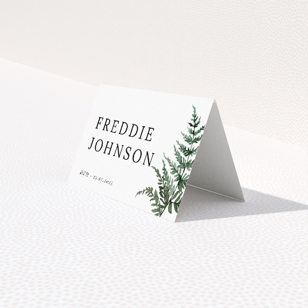"Botanical Greens place cards - serene wedding stationery with watercolour greenery and classic typefaces". This is a third view of the front