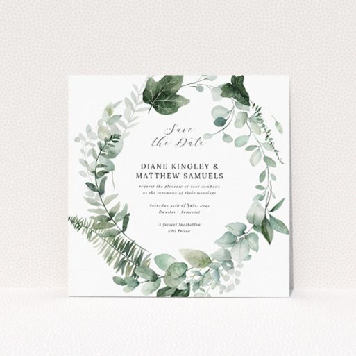 Wedding save the date card template - Botanical Greens design with delicate greenery wreath. This is a view of the front