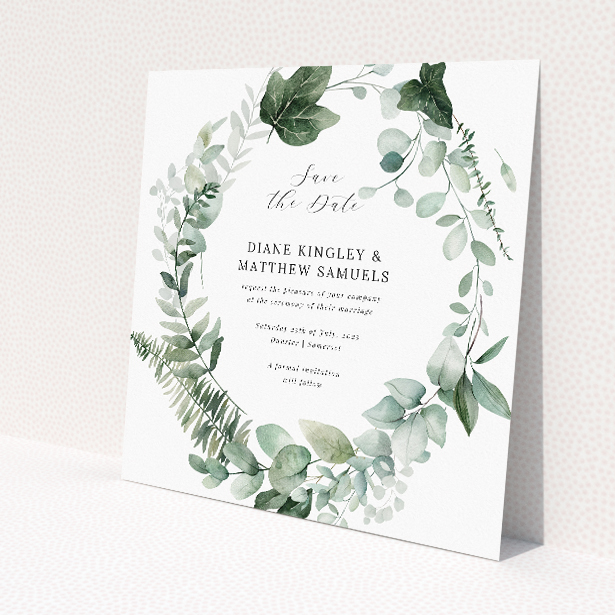 Wedding save the date card template - Botanical Greens design with delicate greenery wreath. This is a view of the front