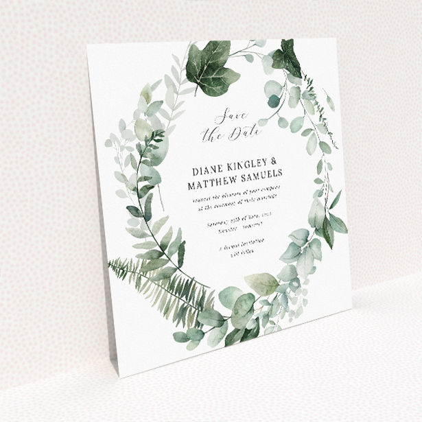 Wedding save the date card template - Botanical Greens design with delicate greenery wreath. This image shows the front and back sides together