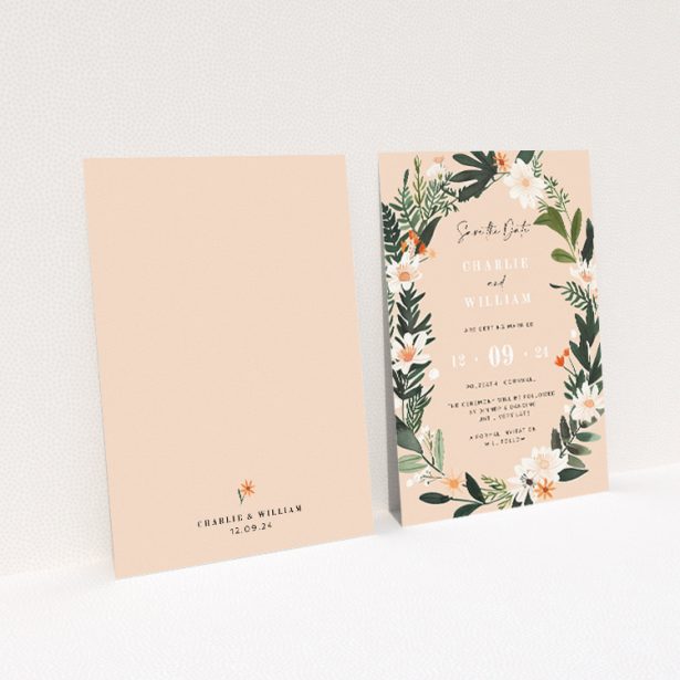 Botanics on Pink A6 Save the Date Card - Hand-painted botanical illustrations on gentle pink background with greenery and white blooms, evoking warmth and romance. Ideal for couples seeking fresh and timeless designs This is a view of the back