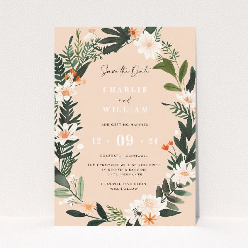 Botanics on Pink A6 Save the Date Card - Hand-painted botanical illustrations on gentle pink background with greenery and white blooms, evoking warmth and romance. Ideal for couples seeking fresh and timeless designs This is a view of the front