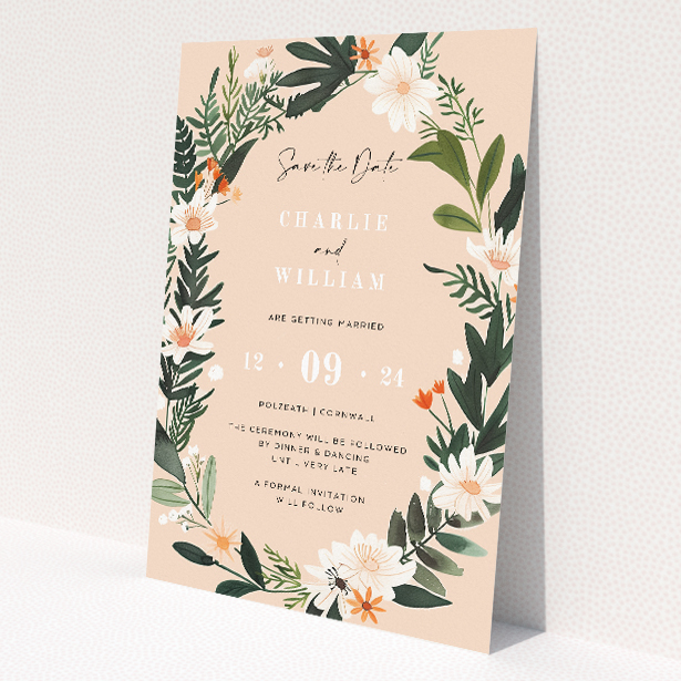 Botanics on Pink A6 Save the Date Card - Hand-painted botanical illustrations on gentle pink background with greenery and white blooms, evoking warmth and romance. Ideal for couples seeking fresh and timeless designs This is a view of the front