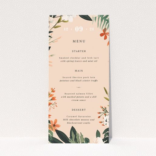 Utterly Printable Botanics on Pink Wedding Menu - Modern wedding menu design featuring lush botanical illustrations on a soft pink backdrop, blending contemporary style with botanical charm for a romantic garden affair This is a view of the front