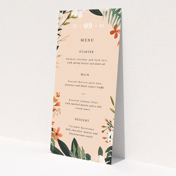 Utterly Printable Botanics on Pink Wedding Menu - Modern wedding menu design featuring lush botanical illustrations on a soft pink backdrop, blending contemporary style with botanical charm for a romantic garden affair This is a view of the back
