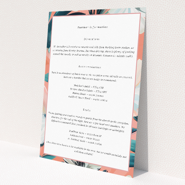 Wedding information insert card with abstract floral designs against a crisp white background, part of the 'Boulevard Petals' stationery suite, reflecting floral elegance and modern geometry for a memorable statement This is a view of the front