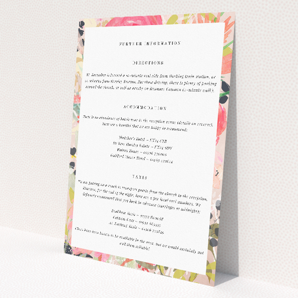 Brighton Blooms wedding information insert card with vibrant watercolour florals. This is a view of the front