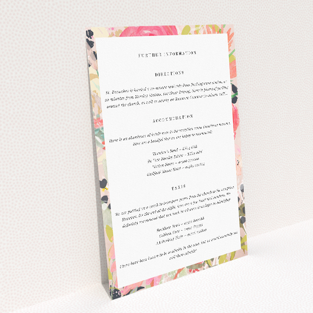 Brighton Blooms wedding information insert card with vibrant watercolour florals. This image shows the front and back sides together