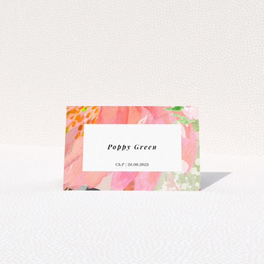 Brighton Blooms place cards for vibrant wedding stationery suite. This is a view of the front