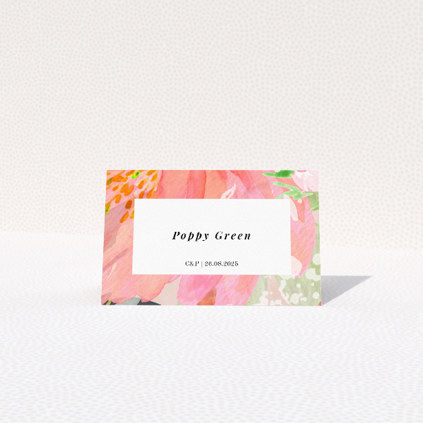 Brighton Blooms place cards for vibrant wedding stationery suite. This is a view of the front