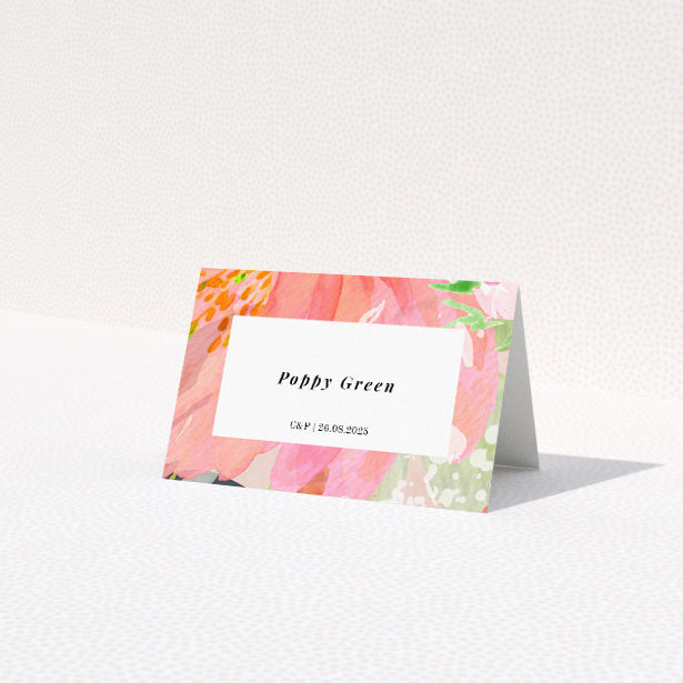 Brighton Blooms place cards for vibrant wedding stationery suite. This is a third view of the front