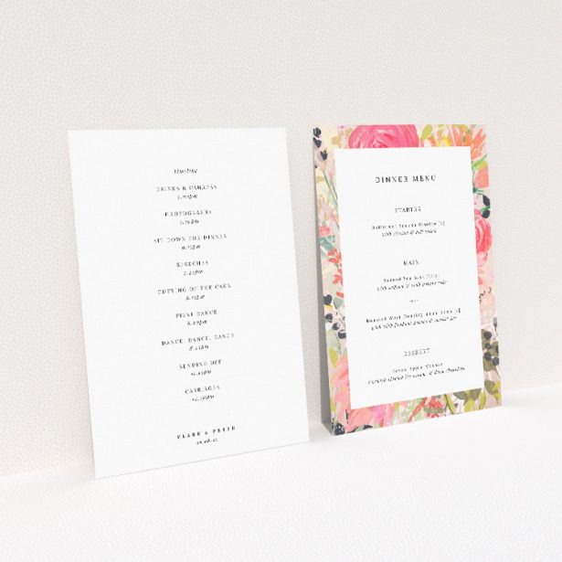 Utterly Printable Brighton Blooms wedding menu template with vibrant watercolour florals in shades of coral, pink, and green, perfect for couples celebrating love and life in full colour This image shows the front and back sides together