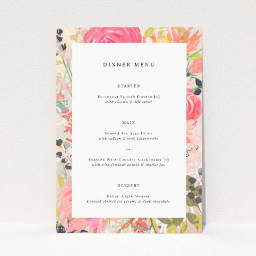 Utterly Printable Brighton Blooms wedding menu template with vibrant watercolour florals in shades of coral, pink, and green, perfect for couples celebrating love and life in full colour This is a view of the front