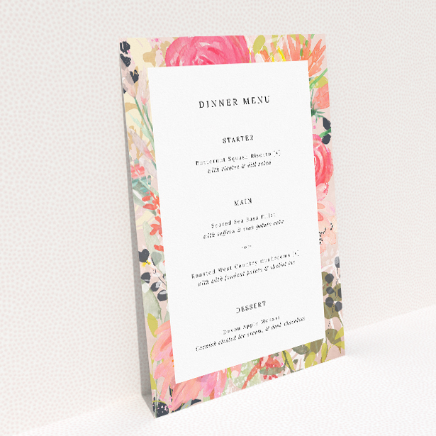 Utterly Printable Brighton Blooms wedding menu template with vibrant watercolour florals in shades of coral, pink, and green, perfect for couples celebrating love and life in full colour This image shows the front and back sides together
