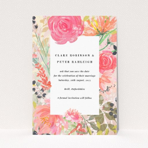 Brighton Blooms wedding save the date card featuring hand-painted floral illustrations in vibrant palette of pinks, oranges, and greens, evoking freshness and vibrancy of a blooming garden, perfect for couples seeking contemporary artistry and timeless tradition for their special day This is a view of the front