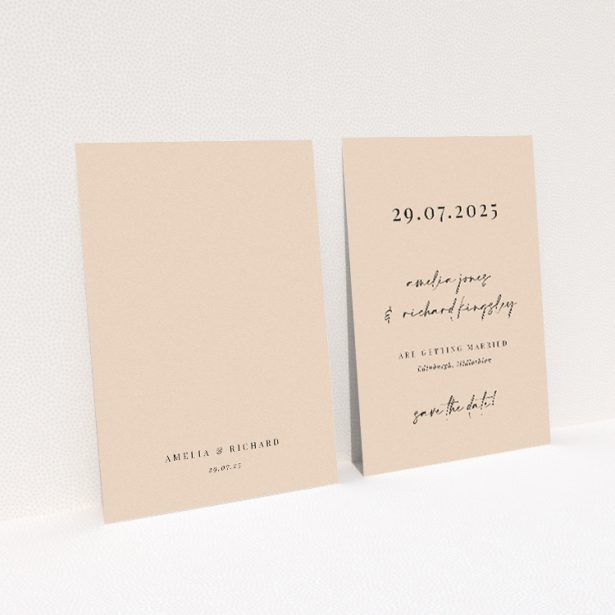 Contemporary wedding save the date card template with bold serif font proclaiming 'SAVE THE DATE' in black and gold accents on a clean white background This is a view of the back