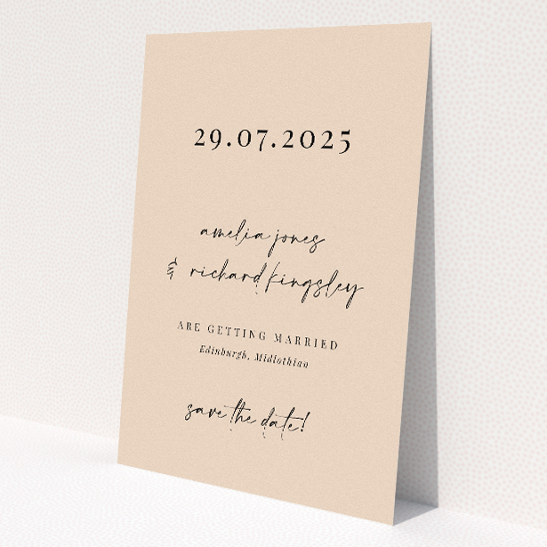 Contemporary wedding save the date card template with bold serif font proclaiming 'SAVE THE DATE' in black and gold accents on a clean white background This is a view of the front