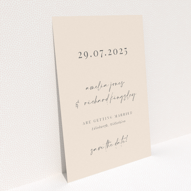 Contemporary wedding save the date card template with bold serif font proclaiming 'SAVE THE DATE' in black and gold accents on a clean white background This is a view of the back