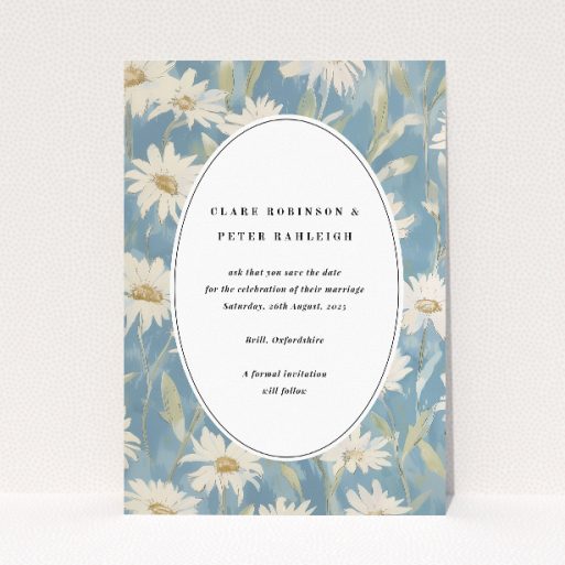 Daisyfield Elegance wedding save the date card featuring serene blue backdrop with white daisies and soft green foliage, encapsulating the charm of a sunny countryside day, ideal for couples seeking refined simplicity and whimsical allure for their wedding announcement This is a view of the front