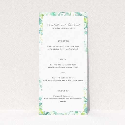 "Dappled wedding menu template with lush foliage borders creating a sunlit grove effect, perfect for infusing celebration with tranquil beauty.". This is a view of the front