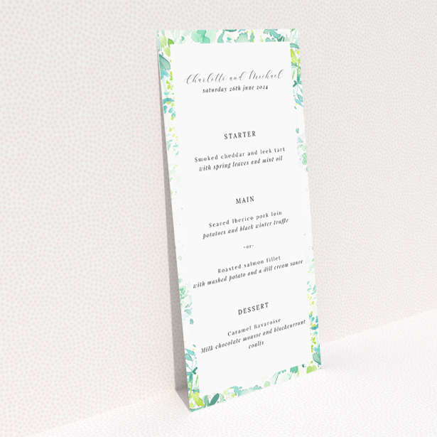 "Dappled wedding menu template with lush foliage borders creating a sunlit grove effect, perfect for infusing celebration with tranquil beauty.". This is a view of the back