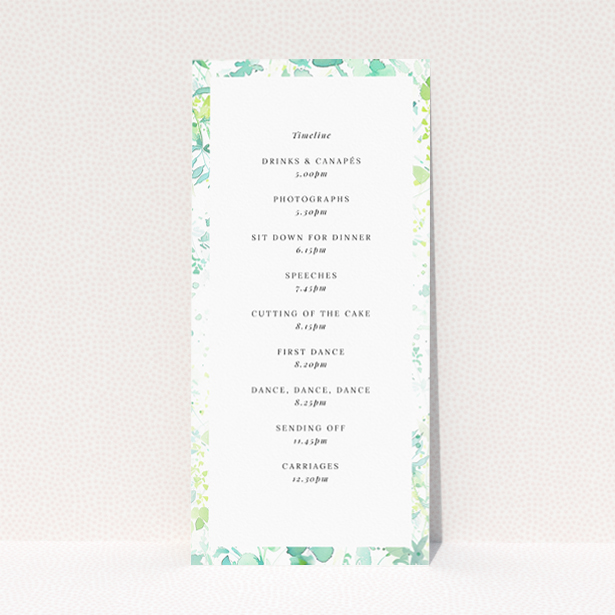 "Dappled wedding menu template with lush foliage borders creating a sunlit grove effect, perfect for infusing celebration with tranquil beauty.". This is a view of the back