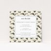 Wedding save the date card template - Deco Wave Elegance design with cream and sage waves. This is a view of the front