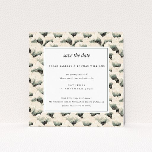 Wedding save the date card template - Deco Wave Elegance design with cream and sage waves. This is a view of the front