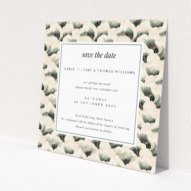 Wedding save the date card template - Deco Wave Elegance design with cream and sage waves. This image shows the front and back sides together