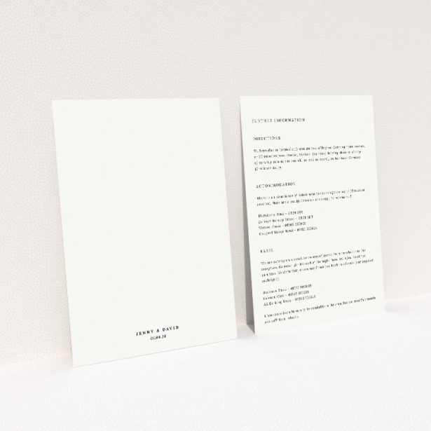 Wedding information insert card with classic sophistication, modern twist, timeless monochrome palette of crisp white and jet black from the Elegant Announcement suite This image shows the front and back sides together